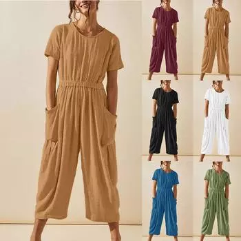 Женские модные однотонные укороченные брюки с круглым вырезом и короткими рукавами со свободными карманами, комбинезон L синий