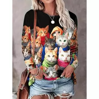 Женские модные топы Повседневная футболка с принтом 3D Cat Футболка со свободным рукавом и длинным рукавом с круглым вырезом Женская футболка Harajuku S