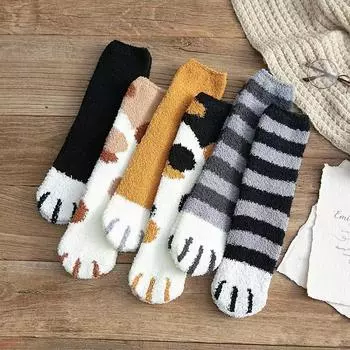 Женские носки, плюшевые, коралловые, бархатные, осенне-зимние, милые утолщенные теплые носки с кошачьей лапой