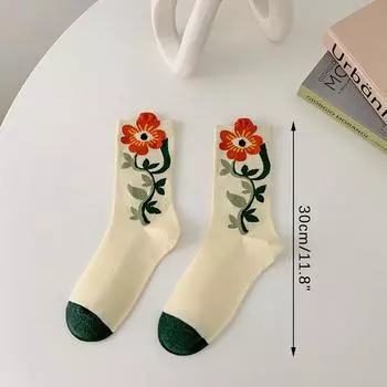 Женские носки в корейском японском стиле с рисунком зеленого цветка в стиле Харадзюку, милые кавайные носки средней длины, дышащие повседневные короткие хлопковые носки as the picture