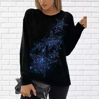 Женские осенние топы, свободные топы с блестящим принтом пентаграммы и котом, повседневная футболка с длинными рукавами, топ, блузка XS синий