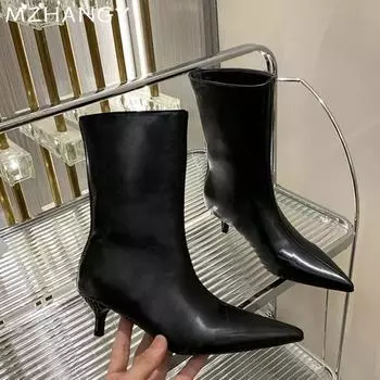 Женские остроносые ботильоны из кожи на среднем каблуке, элегантные туфли, женские модные туфли-челси, туфли-лодочки, новые прогулочные готические туфли для зимы 35 чёрный