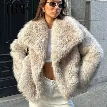 Женские пальто зимнее укороченное пальто из искусственного меха женская осенняя куртка с длинным рукавом пушистая черная верхняя одежда теплые плюшевые короткие пальто XS чёрный