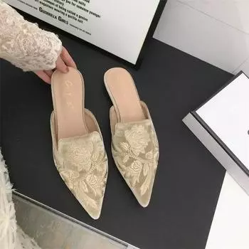 Женские полутапочки в национальном стиле с острым носком, флокированная крышка, вышитый цветок, повседневные туфли на плоской подошве, черные/абрикосовые/зеленые 35