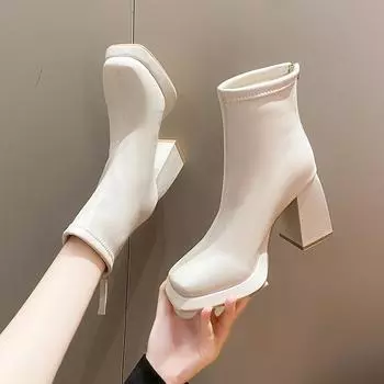Женские сапоги Fat Mm Thick Leg 41-43 Высокий каблук Осенне-зимние квадратные толстые каблуки Ботинки Martens Тонкие с юбкой Ботильоны 34 бежевый