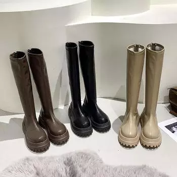 Женские сапоги на плоской платформе, высокие сапоги до колена, модные нескользящие туфли с молнией сзади, осенне-зимние женские длинные сапоги в стиле рыцаря 35