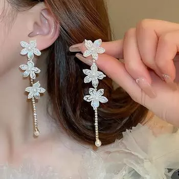 Женские серьги GemChic, изысканные серьги-гвоздики с иглами и жемчугом, серьги с цирконом и цветком, элегантные высококачественные длинные серьги, ювелирные изделия на день рождения, Рождество, подарок