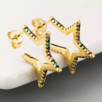 Женские серьги-гвоздики микронабор с цирконием, короткие угловые пятиконечные универсальные серьги со звездой OneSize золотой