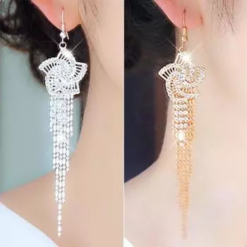 Женские серьги из сплава со стразами и длинными кисточками, висячие крючки для вечеринки, линейные серьги