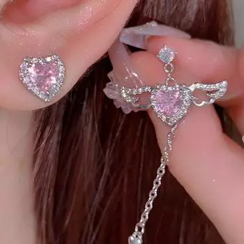 Женские серьги Jwer Hearts Wings с розовыми стразами, длинные серьги с подвеской в виде сердца, трендовые серебряные серьги для пар, подарок на вечеринку, ювелирные изделия