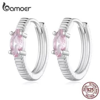 Женские серьги-кольца BAMOER из стерлингового серебра 925 пробы с розовым цирконием и пряжками в полоску, подарок на день рождения, ювелирные изделия 925 silver