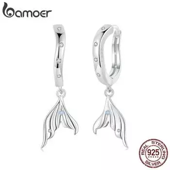Женские серьги-кольца BAMOER из стерлингового серебра 925 пробы, изящные позолоченные серьги, гипоаллергенные серьги с рыбьим хвостом, подарок SCE1744
