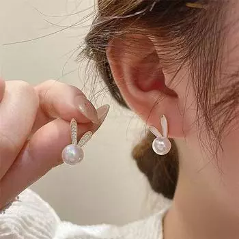 Женские серьги с милым кроликом и жемчугом и цирконом