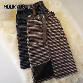Женские шерстяные клетчатые юбки 2 цвета S-XXL с высокой талией и карманами средней длины в корейском стиле с одним шагом, юбка больших размеров S кофейный