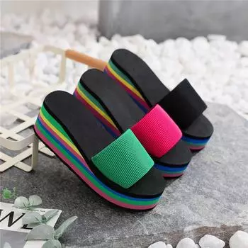 Женские шлепанцы Rainbow Herringbone на высоком каблуке - Летние пляжные сандалии 39