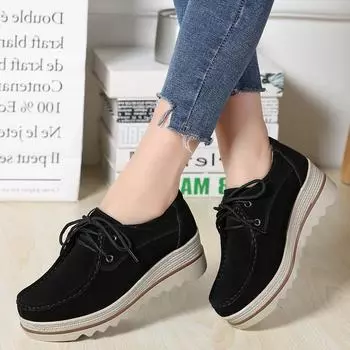 Женские синие мокасины Simple Lady Platform Creepers Casual Slip on Thick Sole Low Leather Shoes Plus Size EU: 35 чёрный