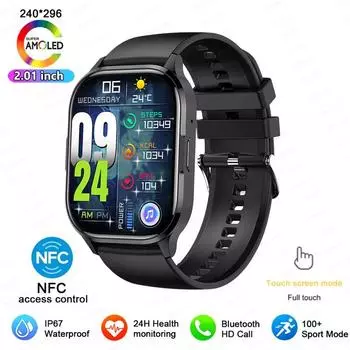 Женские смарт-часы 2,01-дюймовый AMOLED-экран Bluetooth-вызов NFC Спортивные часы Измерение артериального давления Музыка Женские смарт-часы для Huawei Xiaomi чёрный