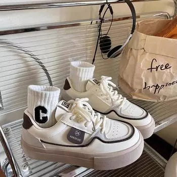 Женские спортивные трикотажные одинарные туфли повседневные PU однотонные толстые подошвы на шнуровке маленькие белые туфли 35-40 35 хаки