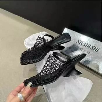 Женские тапочки, балетки с сеткой Fish Mesh Hollow, женские летние новые модные босоножки на каблуках, шлепанцы, женские De Mujer 35 чёрный