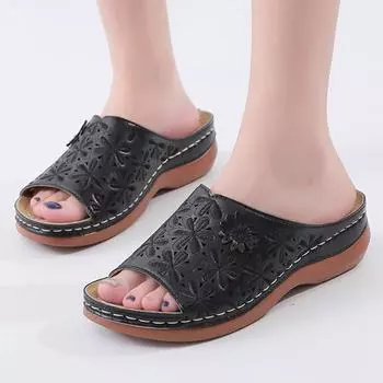 Женские тапочки на платформе Lucyever Vintage Flower 2024 года, летние босоножки на танкетке с открытым носком, удобные женские туфли больших размеров для повседневной носки 35-43 38 чёрный