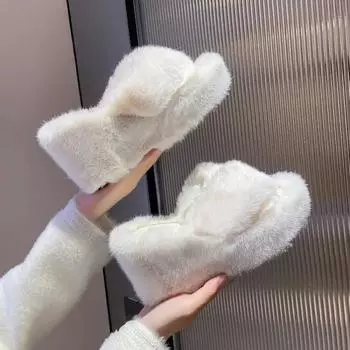 Женские тапочки, однотонные туфли, повседневные шлепанцы, женские меховые шлепанцы, женские 2024, туфли на высоком каблуке, зимние современные тапочки на танкетке 35 бежевый