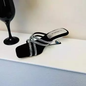 Женские тапочки с бантом из кристаллов, сандалии, летние туфли на среднем каблуке, дизайнерские шлепанцы для улицы, тапочки с открытой пяткой, Zapatos Mujer Slides 38