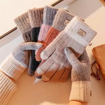 Женские теплые перчатки с закрытыми пальцами, зимние подарки, кашемировые перчатки для сенсорных экранов, женские утолщенные шерстяные вязаные перчатки для езды на велосипеде и вождения One Size чёрный