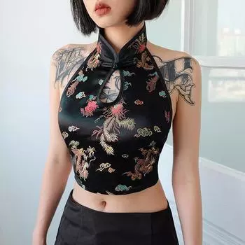 Женские топы Cheongsam, традиционный традиционный китайский дракон с вышивкой, открытая спина, Холтер, винтажный вечерний укороченный топ с запахом, жилет S чёрный