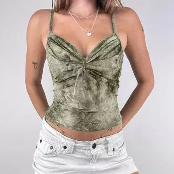 Женские топы Mori Retro Tie-dye с бантом и оборками на груди Spice Girls, сексуальные, тонкие, с V-образным вырезом, маленькие S армия зеленый