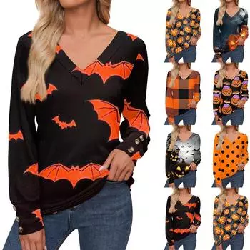 Женские топы с принтом на Хэллоуин, рубашка с длинным рукавом, V-образный вырез, повседневная свободная футболка, осенняя одежда L