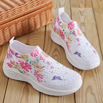 Женские трикотажные кроссовки Crystal Floral, легкие женские вулканизированные туфли, дышащая повседневная обувь, стразы, мягкая подошва, Zapatos 36