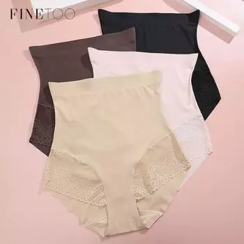 Женские трусики с высокой талией FINETOO, кружевной дизайн, подтяжка ягодиц и тонкие пуховые трусы, эластичное нижнее белье S чёрный