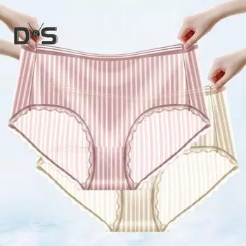 Женские трусы средней талии Ice Silk Plus Size Эластичные тонкие мягкие дышащие антисептические бесшовные полосатые кружевные женские трусики-брифы XL телесный