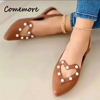 Женские туфли Comemore Rivet Slip on Flat Shoes, кожаные летние туфли Heart Plus Size 41 42 43, женские сандалии на плоской подошве с острым носком 36 коричневый
