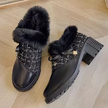 Женские туфли из кожи в стиле пэчворк на массивном каблуке, зимние плюшевые теплые ботильоны с боковой молнией и бантом, повседневная обувь для женщин 35