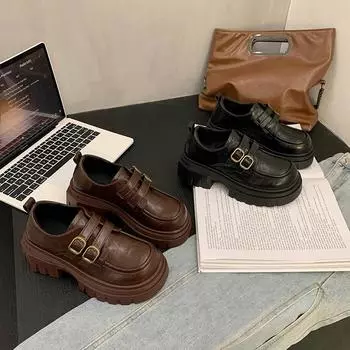 Женские туфли на платформе в британском стиле, кожаные, черные, с одной педалью, туфли-лодочки в стиле ретро для женщин 35 чёрный