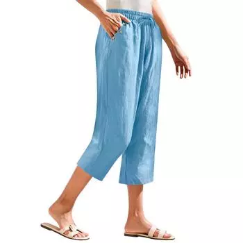 Женские укороченные брюки Stralght Pants With Pockets Lightweight Caual Loose Trousers L синий