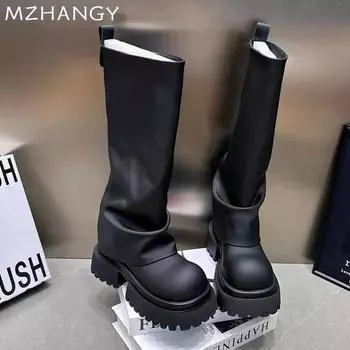 Женские высокие сапоги на платформе, модные кожаные туфли на среднем каблуке 2025 года, модные готические мотоциклетные сапоги, зимние дизайнерские Muejr Botas 35