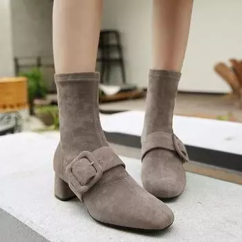 Женские женские короткие сапоги на высоком каблуке из флока разных цветов, обувь, кожаные сапоги женские с каблуком fvg56 35 чёрный