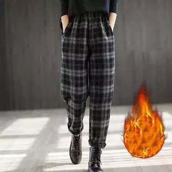 Женские зимние брюки Plus Velvet Thick Lattice, теплые спортивные брюки для активного отдыха, прямые брюки в стиле ретро