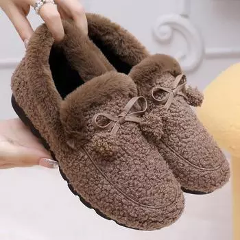Женские зимние лоферы из искусственного меха. Теплые уютные тапочки с подкладкой из флиса. Нескользящая домашняя обувь для дома и улицы. Туфли на плоской подошве с галстуком-бабочкой для женщин. 40 чёрный