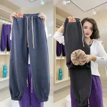 Женские зимние новые защитные брюки с бархатными спортивными штанами, свободные теплые хлопковые брюки из овечьего флиса M коричневый