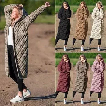 Женские зимние пальто, шерстяной кардиган, однотонная куртка, свитер, длинное свободное толстое пальто XL чёрный