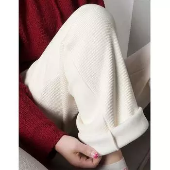 Женские зимние утепленные свободные тонкие широкие брюки для студентов с высокой талией, универсальные, драпированные, повседневные, прямые, длинные брюки S чёрный