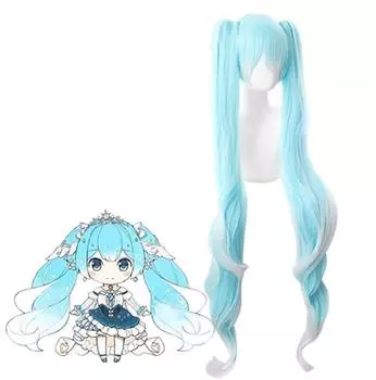 Женский аниме 120 см, длинные волнистые Vocaloid Snow, парик для косплея, градиентные синие синтетические волосы с чипсами, хвостики 117-120cm небесно-голубой