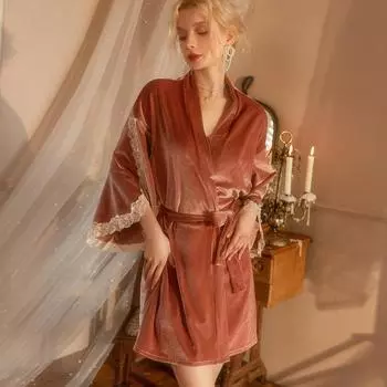 Женский бархатный халат-кимоно, халат, сексуальное кружевное платье, ночная рубашка, сорочка, осень-зима, свободное велюровое домашнее платье, одежда для отдыха M