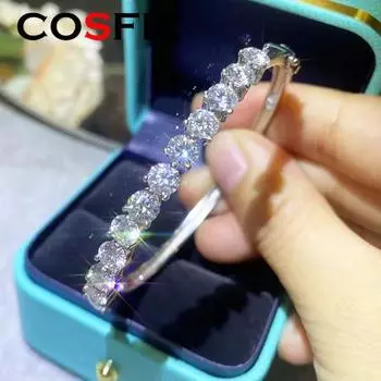 Женский браслет COSFIX D Color с круглым муассанитом, браслет для женщин, серебро 925, полный муассанитовый браслет для женщин