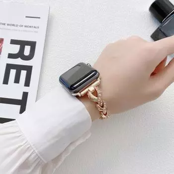 Женский браслет для Apple Watch Band 7 6 se 41 45 44 38 42 мм, женский роскошный ювелирный металлический кожаный браслет для iWatch с бриллиантами 40 мм 38/40/41mm чёрный