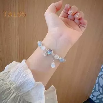 Женский браслет с подвеской в виде бабочки из искусственного опала, стразы, бант, лунный колокольчик, украшение из лунного камня, регулируемая длина, подарок на день рождения, запястье, ювелирные изделия D