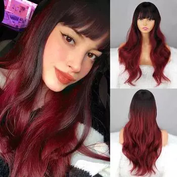 Женский длинный волнистый парик MERISIHAIR с челкой, цвет омбре, черный, красное вино, волнистый длинный парик из синтетического волокна для женщин 20inches